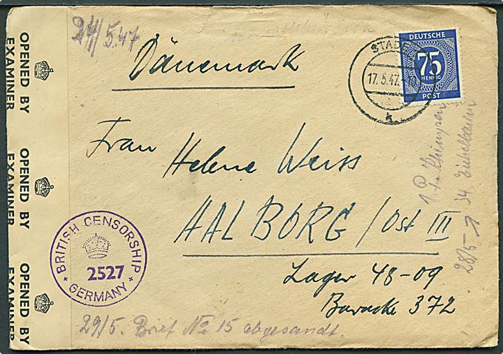 75 pfg. på brev fra Stade d. 17.5.1947 til tysk flygtning i Lager 48-09 Aalborg Øst. Åbnet af allieret efterkrigscensur i Tyskland.