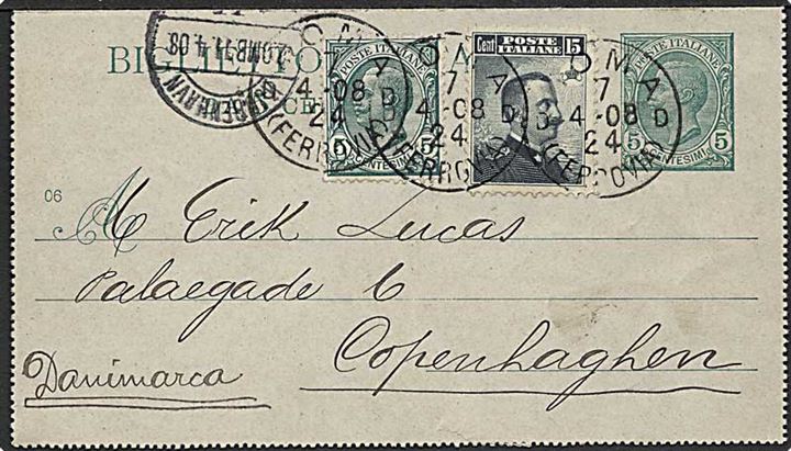 5 c. helsagskorrespondancekort opfrankeret med 5 c. og 15 c. fra Rom d. 4.8.1924 til København, Danmark.