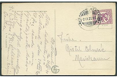 Åland. 40 pen. Løve på brevkort dateret ombord på S/S Åland og annulleret med udslebet 2-sproget stempel Mariehamn d. 2.9.1920 til Mariehamn.