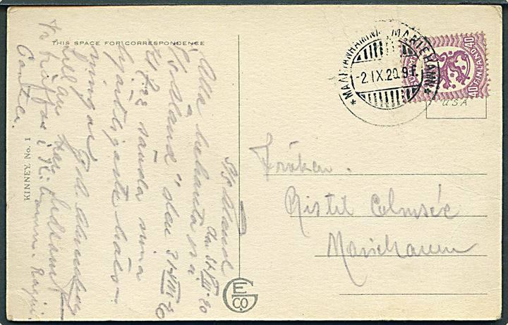 Åland. 40 pen. Løve på brevkort dateret ombord på S/S Åland og annulleret med udslebet 2-sproget stempel Mariehamn d. 2.9.1920 til Mariehamn.