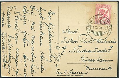 Åland. 20 pen. Løve på brevkort annulleret med udslebet 2-sproget stempel Mariehamn d. 11.11.1920 til København, Danmark.