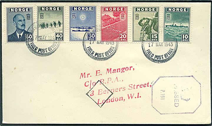 London udg. på filatelistisk kuvert annulleret med feltpost stempel Norwegian Army Field Post Office d. 17.5.1943 til London. Sort censur P.161.