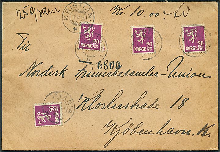 20 øre Løve (4) på værdibrev fra Kristiania d. 2.5.1924 til København, Danmark. På bagsiden 2 store laksegl fra Ingeniørregiment. 