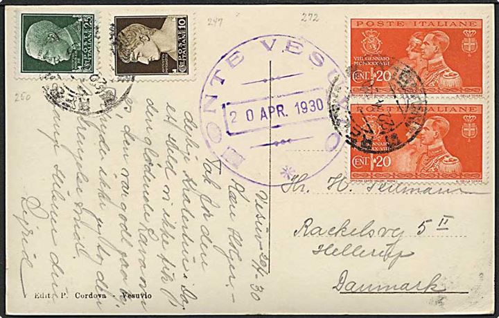 20 l. Umberto/Maria Bryllup i parstykke på 75 c. frankeret brevkort (Vulkanen Vesuv) d. 22.4.1930 til Hellerup, Danmark.