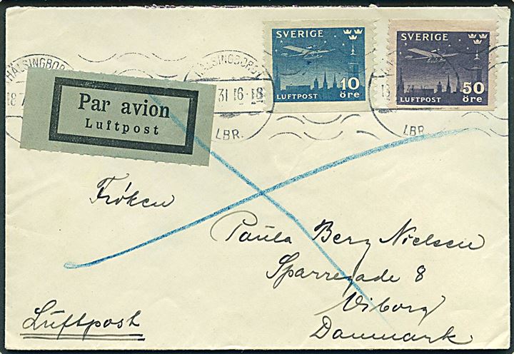 10 öre og 50 öre Luftpost på luftpostbrev fra Hälsingborg d. 18.7.1931 til Viborg, Danmark. På bagsiden transit stemplet Kjøbenhavn - Malmø Post 2 d. 19.7.1931.