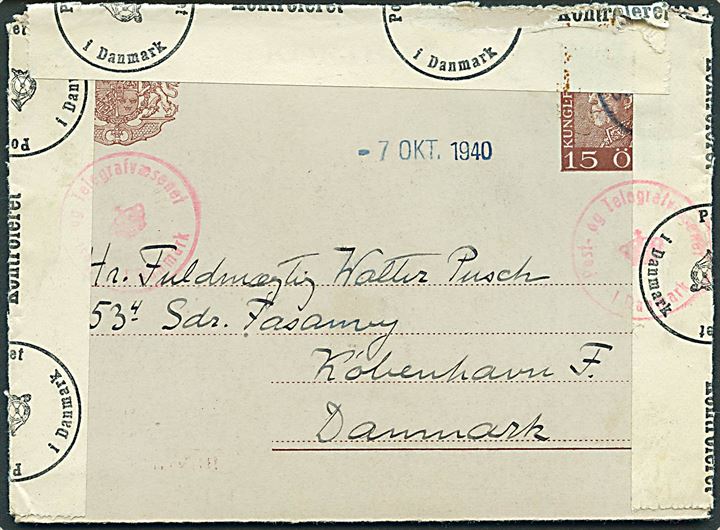 15 öre Gustaf helsags korrespondancekort fra Viggbyholm dateret d. 1.10.1940 til København, Danmark. Åbnet af dansk censur og noteret ankommet d. 7.10.1940.