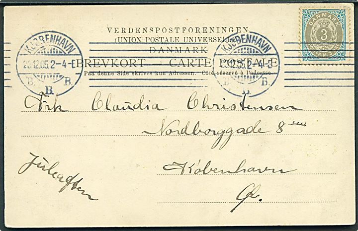 3 øre Tofarvet 28.tryk på lokalt brevkort i Kjøbenhavn d. 23.12.1905. Påskrevet Juleaften. Mærke med rammefejl i højre øverste hjørnefjer - rammefejl 32.48.