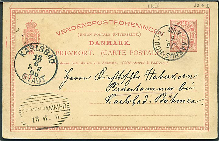 10 øre Våben helsagsbrevkort annulleret med lapidar bureaustempel Aarhus - Hou JB. d. 16.6.1896 via Karlsbad til Pirkenhammer, Böhmen.