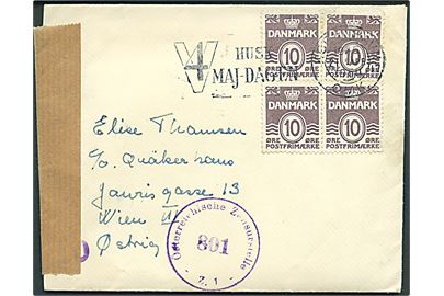 10 øre Bølgelinie (4) på brev stemplet København d. 21.4.1950 til Wien, Østrig. Åbnet af østrigsk efterkrigscensur no. 801.