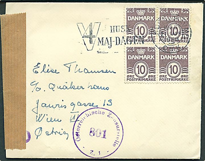 10 øre Bølgelinie (4) på brev stemplet København d. 21.4.1950 til Wien, Østrig. Åbnet af østrigsk efterkrigscensur no. 801.