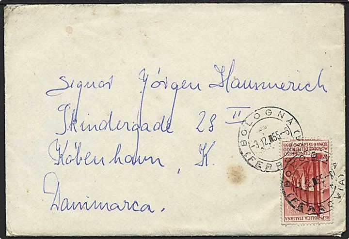 60 l. Oliekongres single på brev fra Bologna d. 3.12.1955 til København, Danmark.