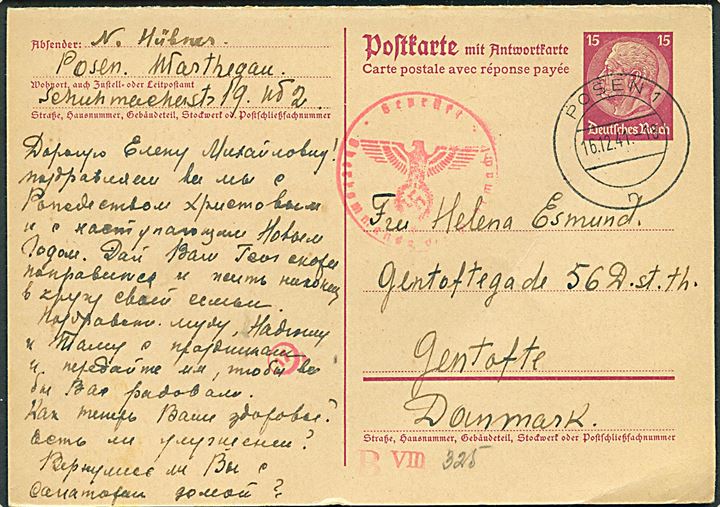 15+15 pfg. Hindenburg dobbelt helsagsbrevkort fra Posen d. 16.12.1941 til Gentofte, Danmark. Tysk censur. Vedhængende ubenyttet svardel.