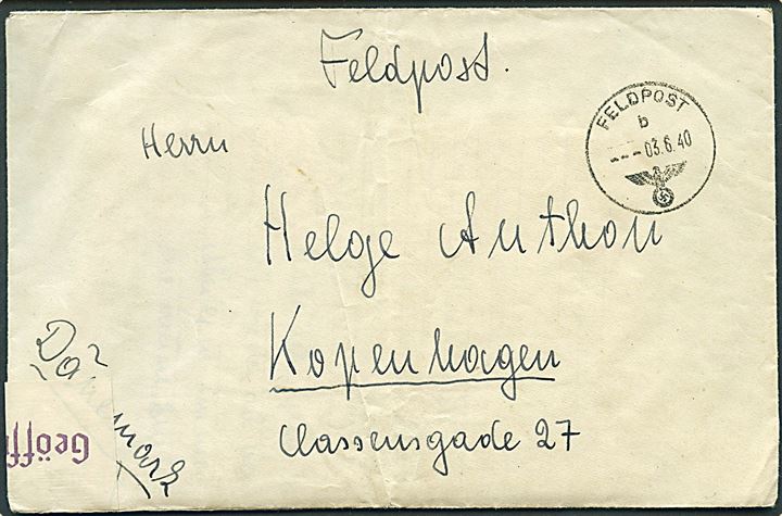 Ufrankeret feltpostbrev med indhold stemplet Feldpost d. 3.6.1940 til København, Danmark. Sendt fra soldat ved feldpost nr. 31110 = 2. Batterie SS-TK-Nachrichten-Abteilung (SS Todenkopf) stationeret i Frankrig. Åbnet af tysk censur i Berlin.