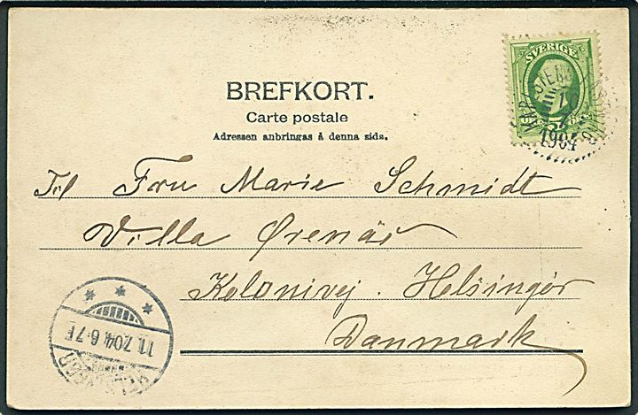 5 öre Oscar på brevkort (Marstrand, Fästningsmurar) annulleret med særstempel Karlstens Fästning d. 10.7.1904 til Helsingør, Danmark. Stempel benyttet under fiskeriudstilling i dagene 9.-24.7.1904.