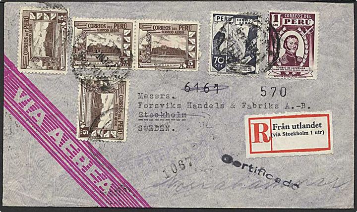 1,90 s. blandingsfrankeret anbefalet luftpostbrev fra Lima 1949 via Newark USA til Stockholm, Sverige. Påsat svensk rek.-etiket Från Utlandet.