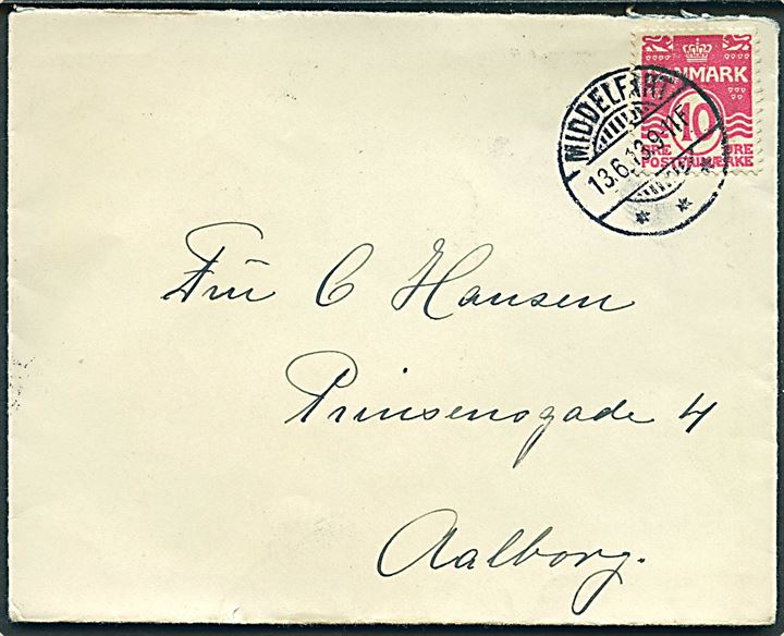 10 øre Bølgelinie på brev annulleret med brotype Ia Middelfart d. 13.6.1913 til aalborg.