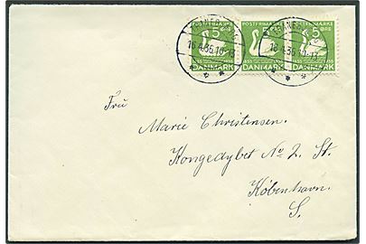 5 øre H. C. Andersen i 3-stribe på brev stemplet Tranebjerg d. 16.4.1936 til København.