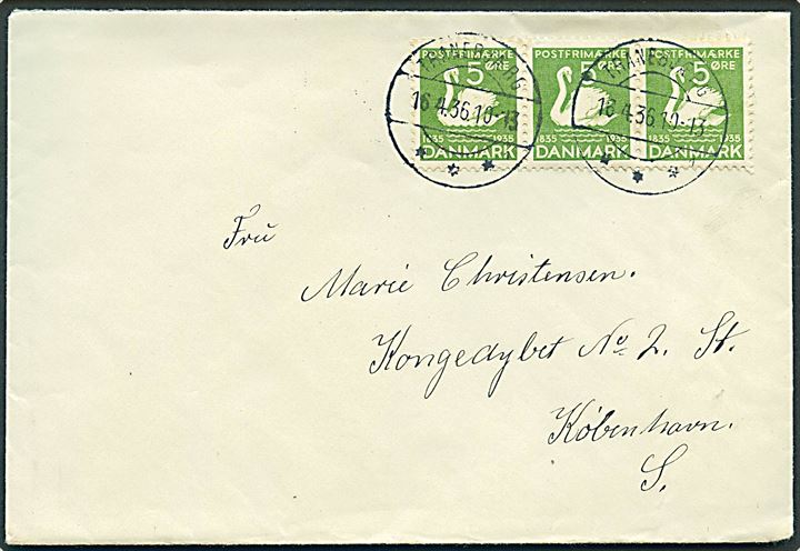 5 øre H. C. Andersen i 3-stribe på brev stemplet Tranebjerg d. 16.4.1936 til København.
