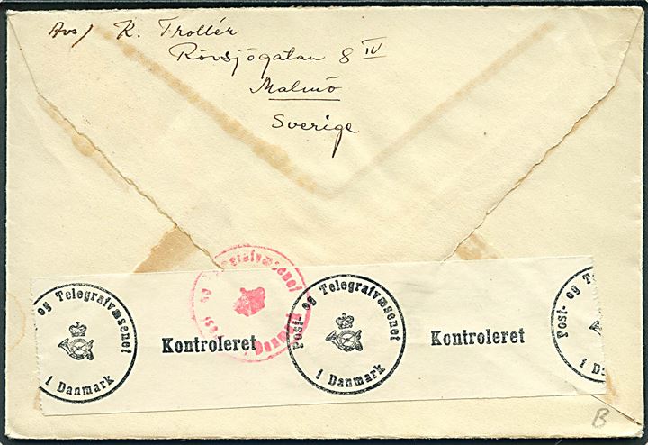 15 öre Linne på brev fra Malmö d. 30.1.1941 til Viborg, Danmark. Åbnet af dansk censur.