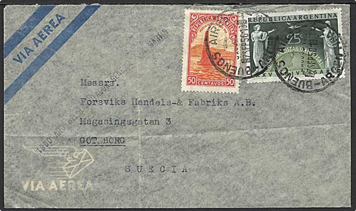 25 c. UPU på 75 c. frankeret luftpostbrev fra Buenos Aires 1950 til Göteborg, Sverige.