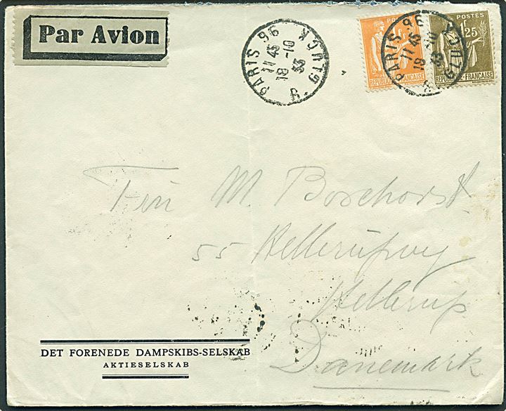 1 fr. og 1.25 fr. på fortrykt kuvert fra DFDS sendt som luftpost fra Paris d. 18.10.1933 til Hellerup, Danmark.0