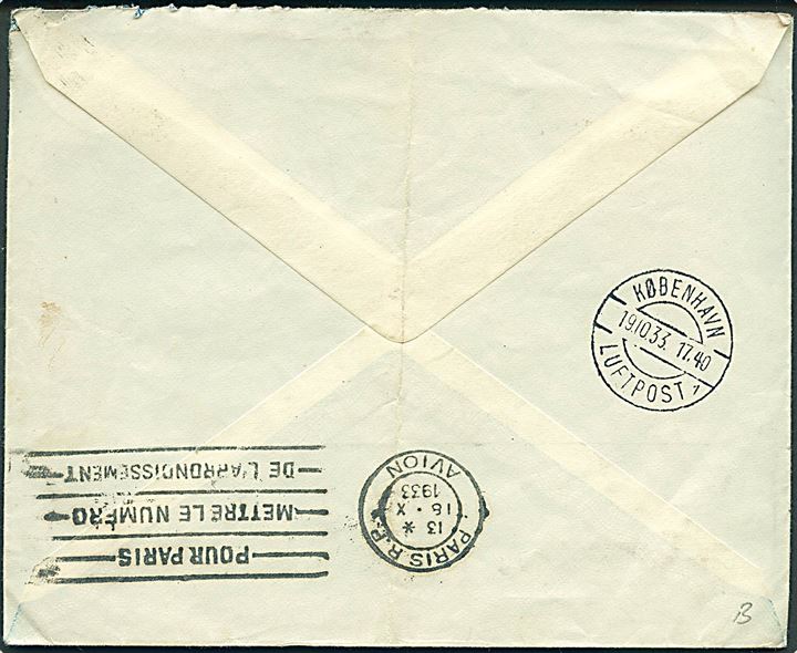1 fr. og 1.25 fr. på fortrykt kuvert fra DFDS sendt som luftpost fra Paris d. 18.10.1933 til Hellerup, Danmark.0