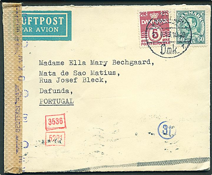 5 øre Bølgelinie og 60 øre Chr. X på luftpostbrev fra København d. 15.4.1943 via Berlin og Lissabon til Dafunda, Portugal. Åbnet af tysk censur i München.