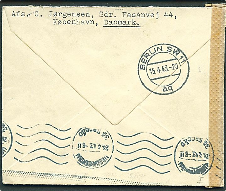 5 øre Bølgelinie og 60 øre Chr. X på luftpostbrev fra København d. 15.4.1943 via Berlin og Lissabon til Dafunda, Portugal. Åbnet af tysk censur i München.