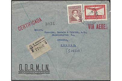 1,10 p. blandingsfrankeret anbefalet luftpostbrev fra Buenos Aires 1949 til Göteborg, Sverige.
