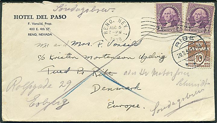 Amerikansk 3 cents Washington (2) på brev fra Reno d. 5.8.1938 til Tved pr. Ribe, Danmark. Opfrankeret med 10 øre Bølgelinie stemplet Ribe d. 20.8.1938 og eftersendt som søndagsbrev til Esbjerg. Et mærke yderligt placeret.