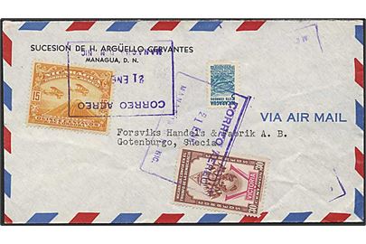50 c. blandingsfrankeret luftpostbrev fra Managua ca. 1950 til Göteborg, Sverige.