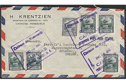 65 c. blandingsfrankeret luftpostbrev fra Caracas 1947 til Göteborg, Sverige. Bagklap mgl.