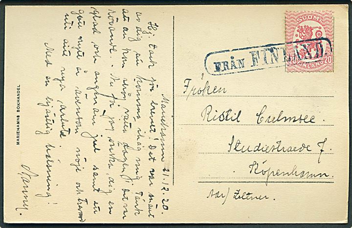 20 pen. Løve på brevkort (Kastellholms slott) dateret Mariehamn på Ålandsøerne d. 21.12.1920 annulleret med svensk skibsstempel Från Finland til København, Danmark.