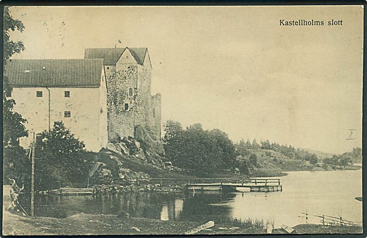 20 pen. Løve på brevkort (Kastellholms slott) dateret Mariehamn på Ålandsøerne d. 21.12.1920 annulleret med svensk skibsstempel Från Finland til København, Danmark.
