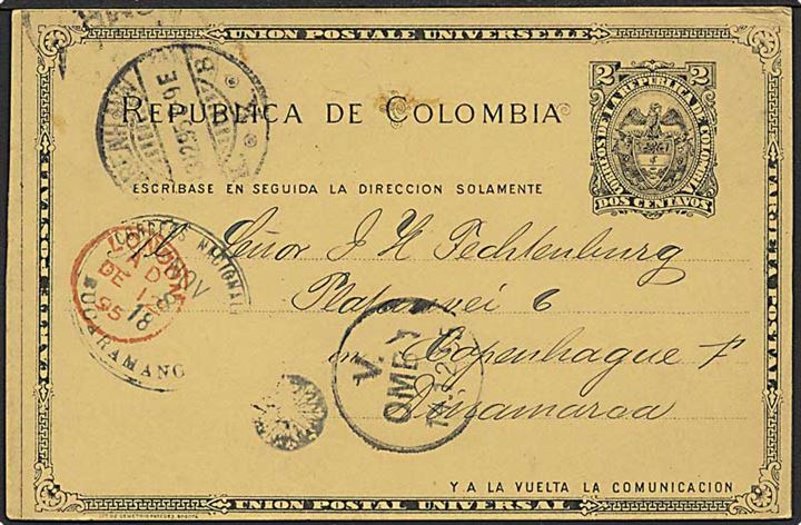 2 c. helsagsbrevkort fra Bucaramanga d. 8.11.1895 via London til København, Danmark.