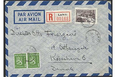 52 mk. blandingsfrankeret anbefalet luftpostbrev fra Lathi d. 30.5.1954 til København, Danmark.