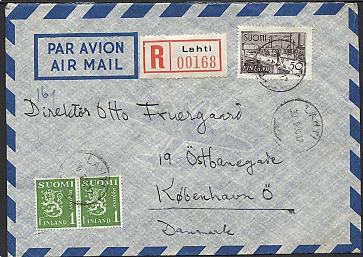 52 mk. blandingsfrankeret anbefalet luftpostbrev fra Lathi d. 30.5.1954 til København, Danmark.