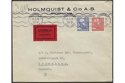 20 öre og 30 öre Gustaf på ekspresbrev fra Stockholm d. 10.5.1944 til København, Danmark. Åbnet af dansk censur.