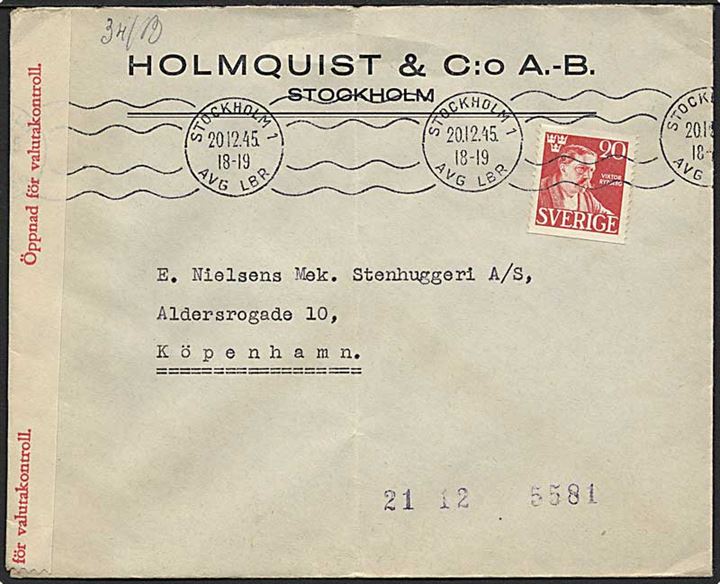 20 öre Rydberg på brev fra Stockholm d. 20.12.1945 til København, Danmark. Åbnet af svensk valutakontrol.