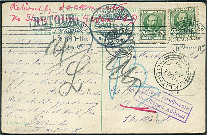 5 øre Fr. VIII (2) på brevkort fra Kjøbenhavn d. 28.1.1908 til sømand ombord på dampskib i Bo?ness, Scotland. Retur med stempel vedr. utilstrækkelig adresse.