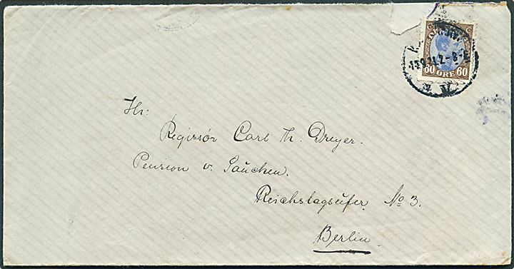 60 øre Chr. X single på brev fra Kjøbenhavn d. 14.9.1921 til Berlin, Tyskland. Rift og mgl. bagklap.