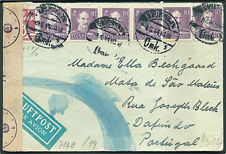 5 øre Bølgelinie og 10 øre Chr. X (6) på luftpostbrev fra København d. 8.6.1944 til Dafundo, Portugal. Åbnet af tysk censur i Berlin.