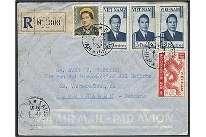 3 p. Bao-Dai (3), 1,50 p. Nam Phuong og 40 c. Drage på anbefalet luftpostbrev fra Saigon d. 4.11.1952 til København, Danmark.