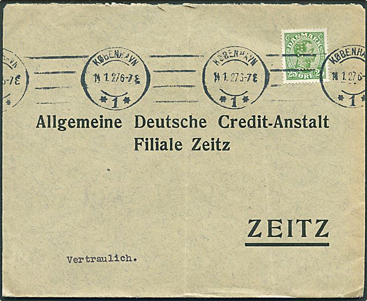 25 øre Chr. X med perfin LB på brev fra Landmandsbanken i København d. 14.1.1927 til Zeitz, Tyskland.