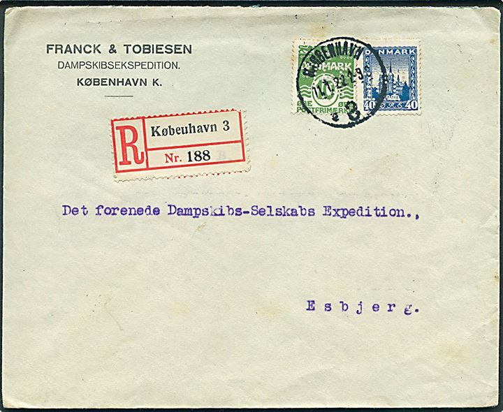 10 øre Bølgelinie og 40 øre Genforening med perfin F.T. på anbefalet brev fra firma Franck & Tobiesen i Kjøbenhavn d. 11.1.1922 til Esbjerg.