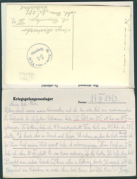 Ufrankeret dobbelt krigsfangebrevkort fra polsk krigsfange i Stalag VIG (= Bonn-Duisdorf) d. 14.3.1943 til København, Danmark. Blå lejrcensur. Dobbeltkortet vedhæftet et fotografi af 4 polske krigsfanger.