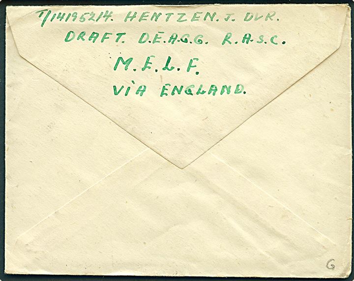 Ufrankeret britisk feltpostbrev stemplet Field Post Office 475 (= Gibraltar) d. 25.2.1947 til København, Danmark. Sendt fra dansk frivillig i den britiske hær under transport til mellemøsten.
