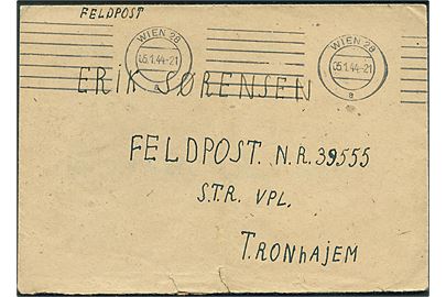Ufrankeret tysk feltpostbrev fra OT-mand i Wien d. 5.1.1944 til dansk OT-mand, Erik Sørensen, ved feldpost nr. 39555, Trondhjem (= OT-Oberbauleitung Drontheim).