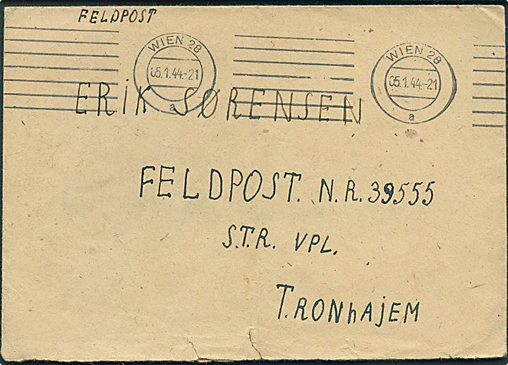Ufrankeret tysk feltpostbrev fra OT-mand i Wien d. 5.1.1944 til dansk OT-mand, Erik Sørensen, ved feldpost nr. 39555, Trondhjem (= OT-Oberbauleitung Drontheim).