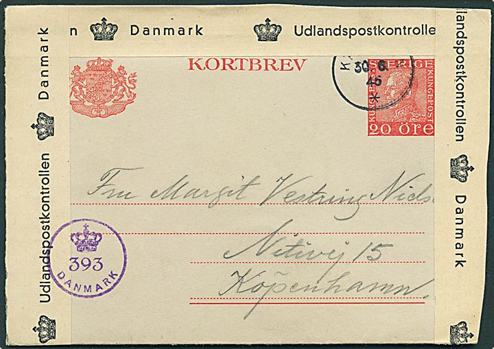 20 öre Gustaf helsags korrespondancekort fra Käringön d. 30.6.1945 til København, Danmark. Åbnet af dansk efterkrigscensur (krone)/393/Danmark.